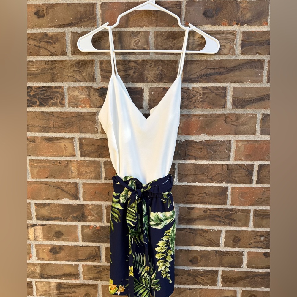 Shop17 Womens Tropical Palm Print Paperbag‎ Waist Romper White Navy Blue Large